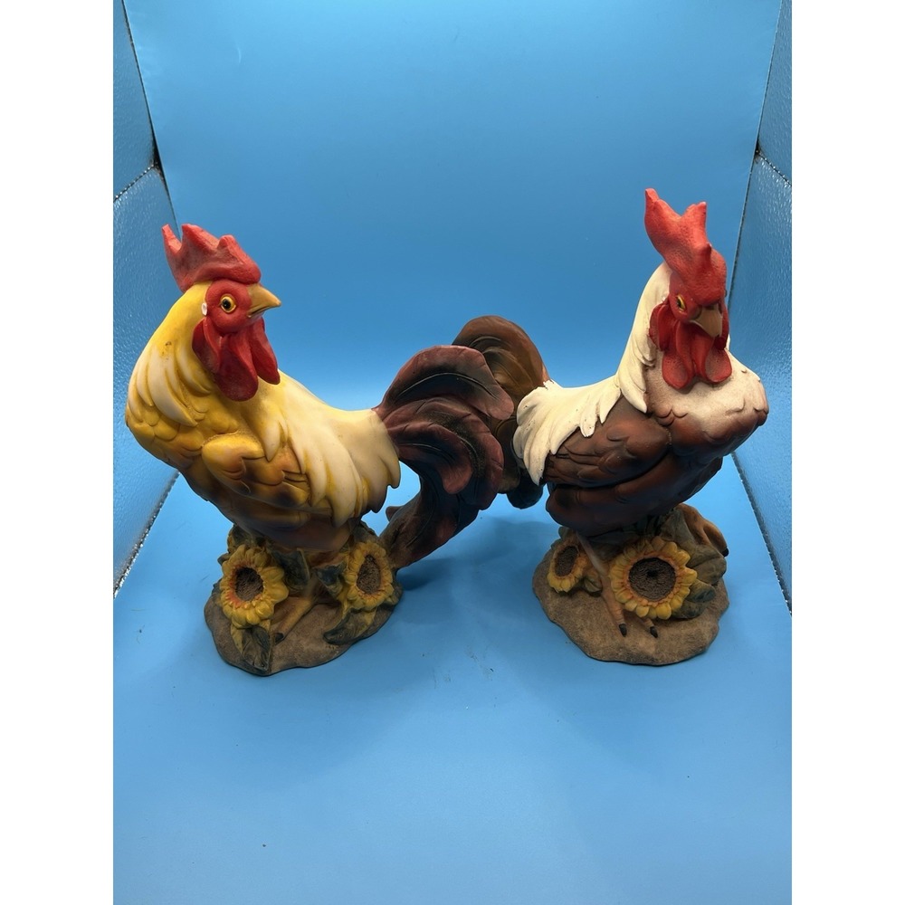 Vintage‎ Set/2 Rooster Figurines• Resin Sunflowers Country Farmhouse Decor